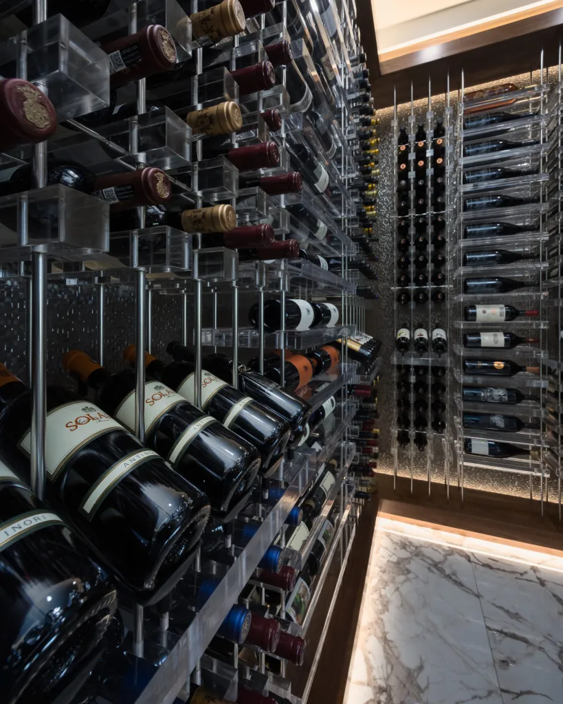 Glass and steel wine display wall