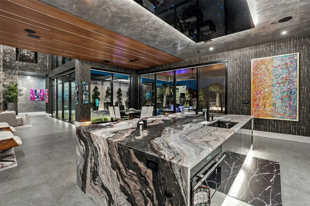 Black-and-white veined marble kitchen island